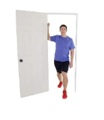 Standing doorway stretch, a stretch that stops swelling pain from workouts